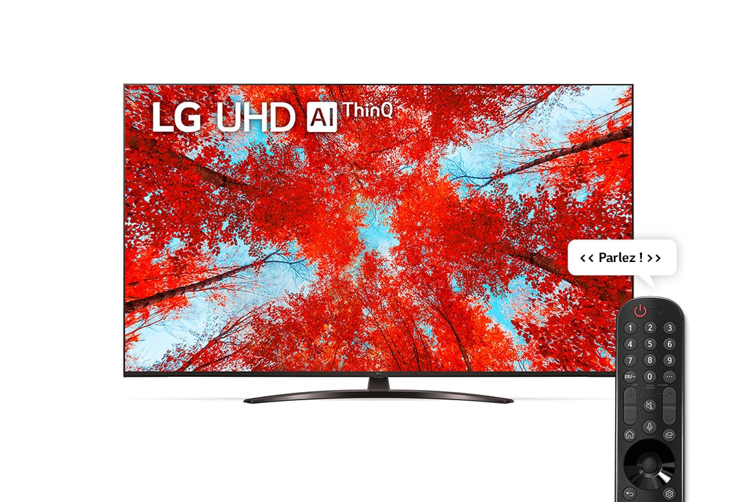 LG UHD Smart TV Resolution 4k 50 pouces  I Magic Remote, HDR, WebOS, Vue avant du téléviseur UHD de LG avec image de remplissage et logo du produit, 50UQ91006LC